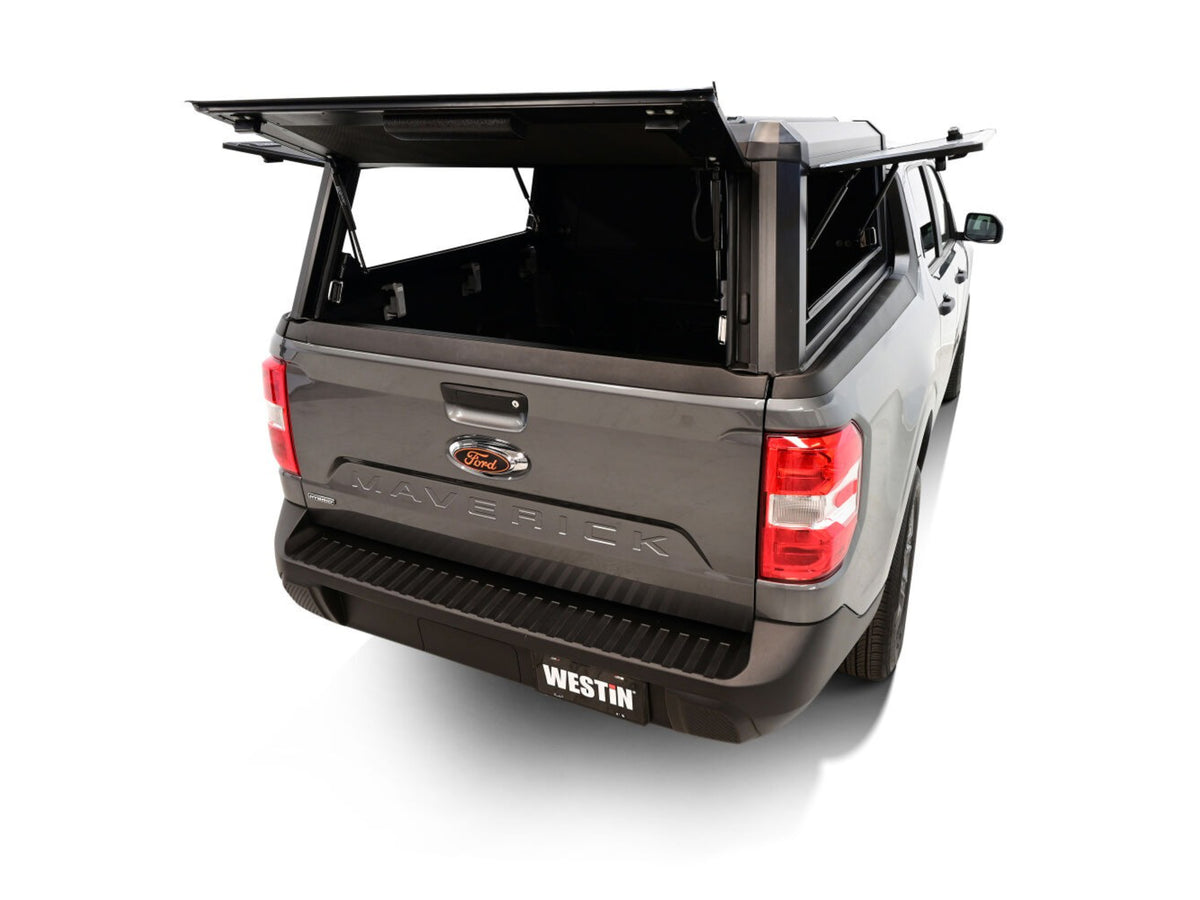 Gray truck with an open cargo bed on a white background EXP Truck Cap Hi-Top with Solid Front Glass Matte Black