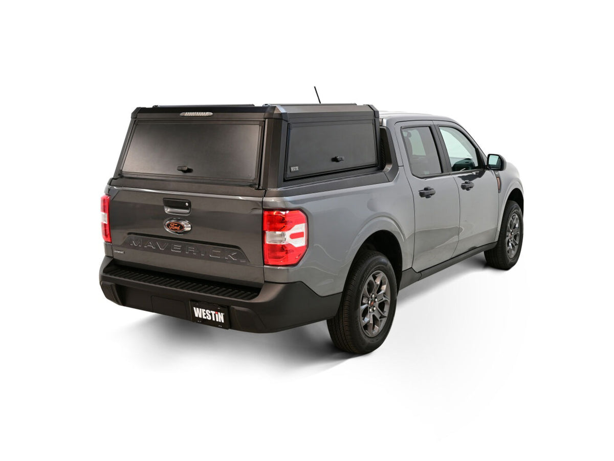 Gray Ford Ranger truck with a EXP Truck Cap Hi-Top with Solid Front Glass Matte Black