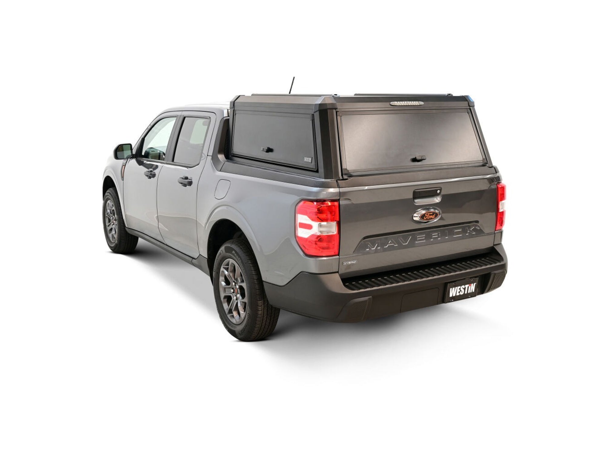 Silver pickup truck with a EXP Truck Cap Hi-Top with Solid Front Glass Matte Black