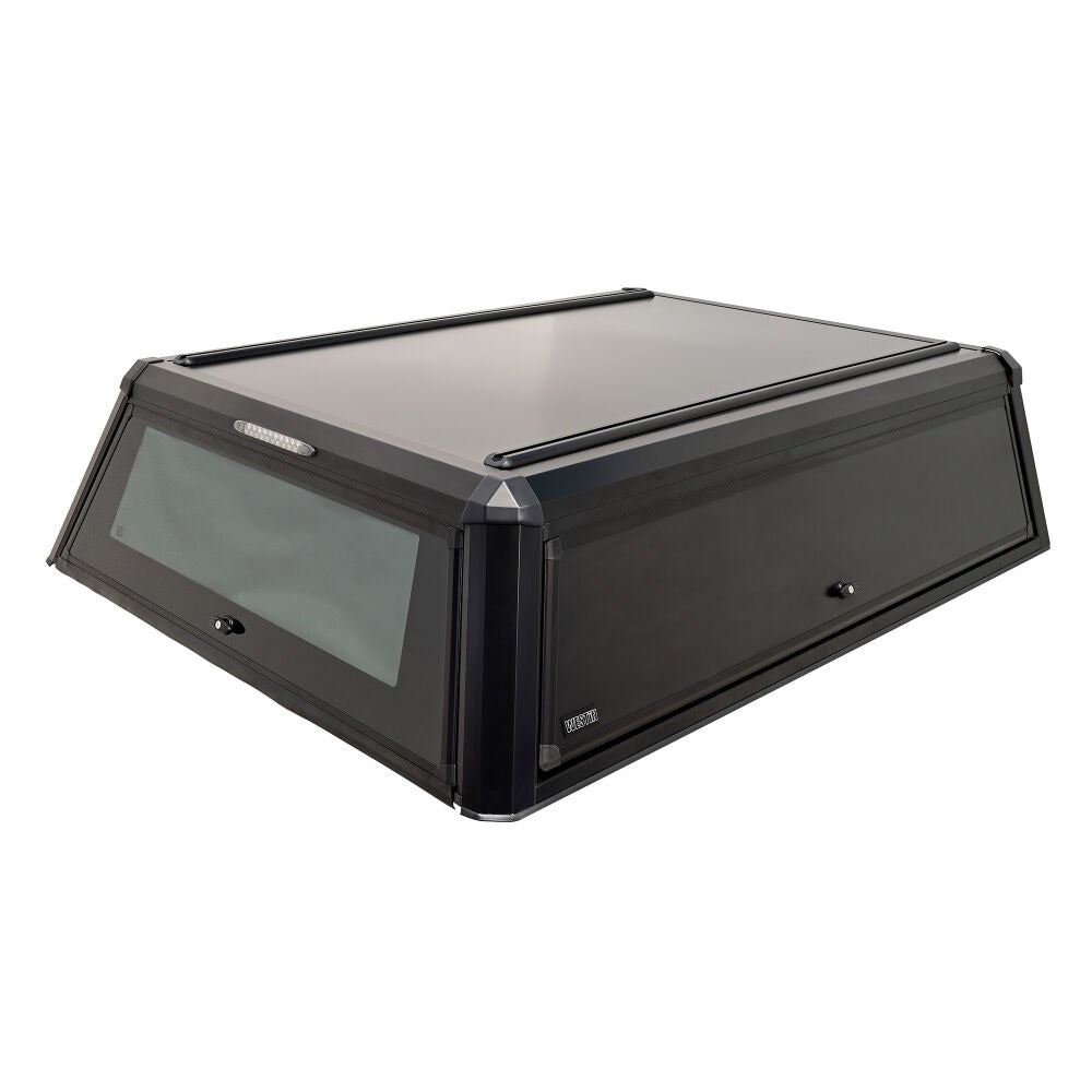 Black roof box with smoked glass on a white background