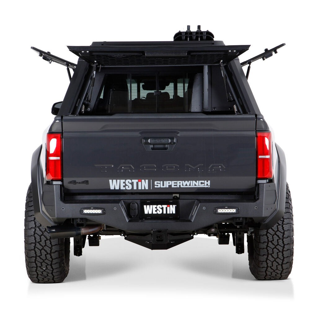 Gray Toyota Tacoma with roof rack and Westin Superwinch on a white background