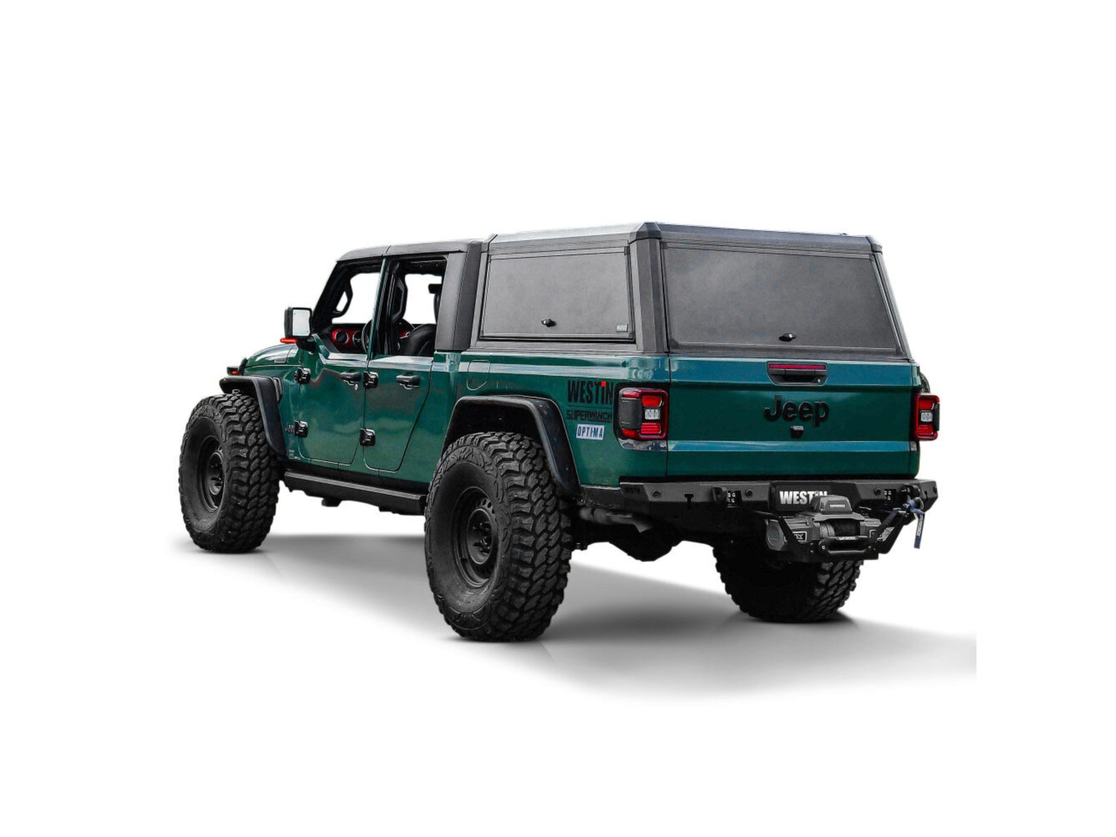 Green Jeep Gladiator with westin exp truck cap on a white background